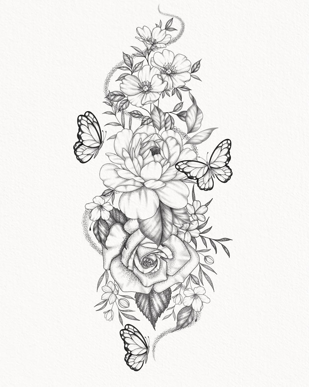 Floral tattoo design featuring roses and butterflies in black and white pencil sketch.