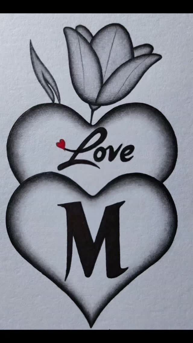 Rose bloom atop two hearts with cursive Love and letter M text.