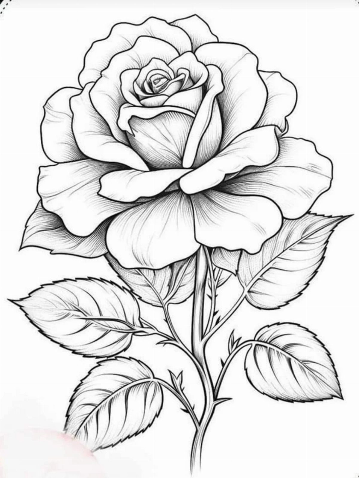 Single blooming rose drawing with detailed petals, stem, and leaves in black ink.