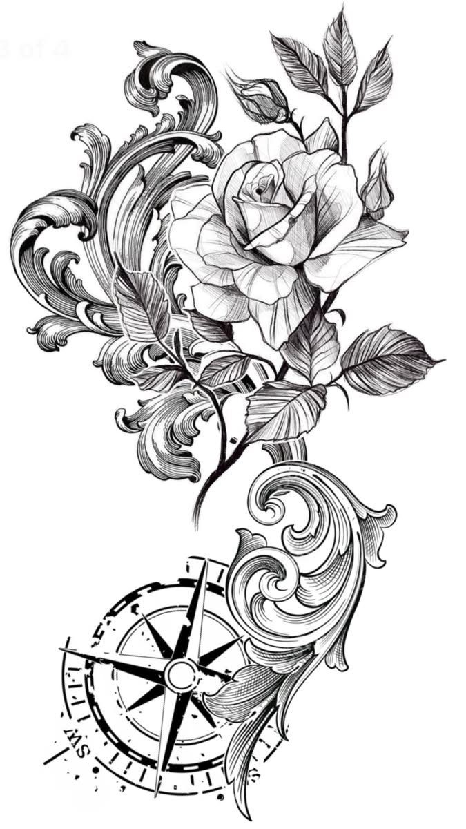 Tattoo design of a detailed rose and ornate scrolls above a nautical compass