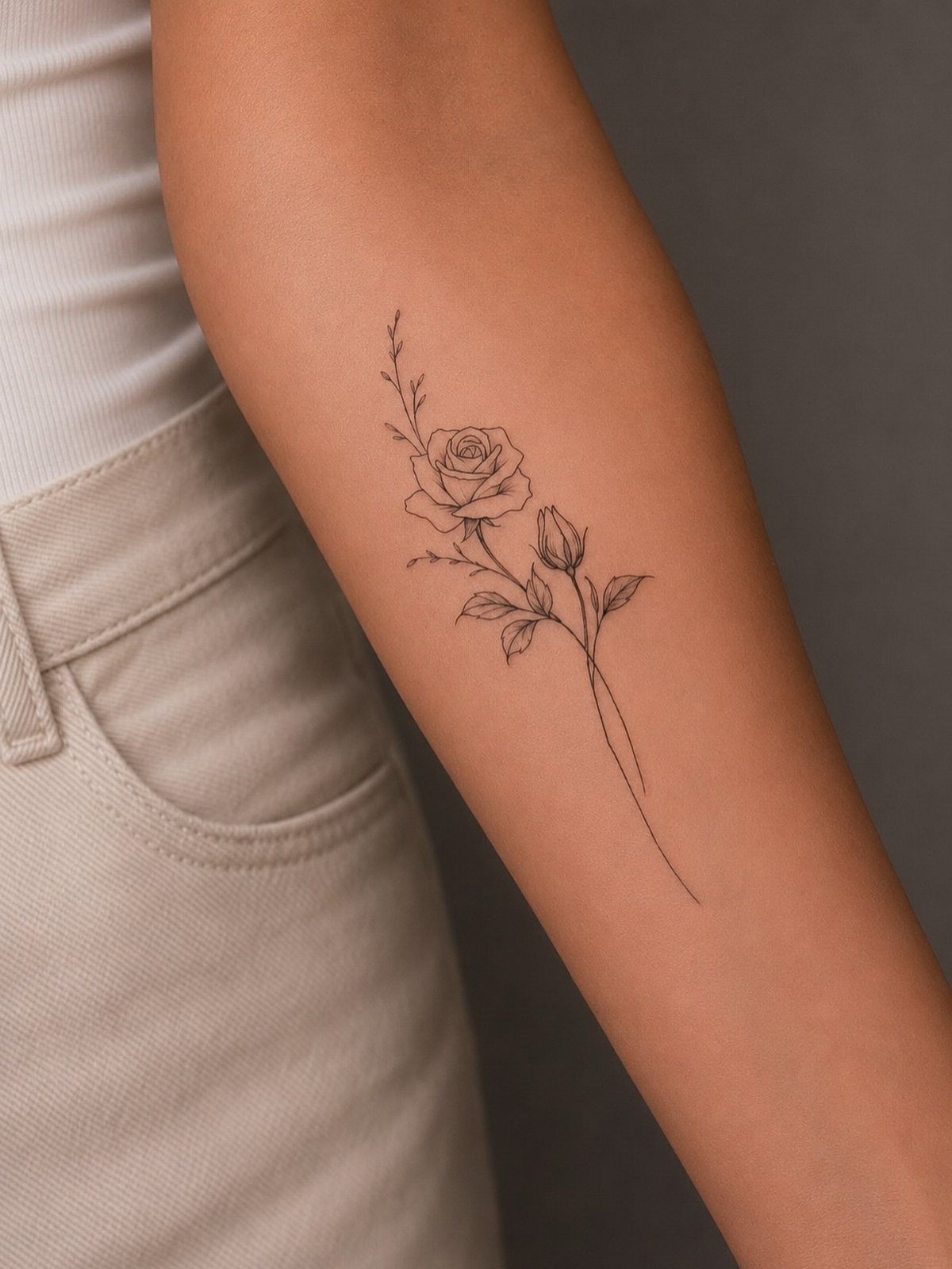 Fine line rose tattoo on a forearm with a delicate flower and bud.