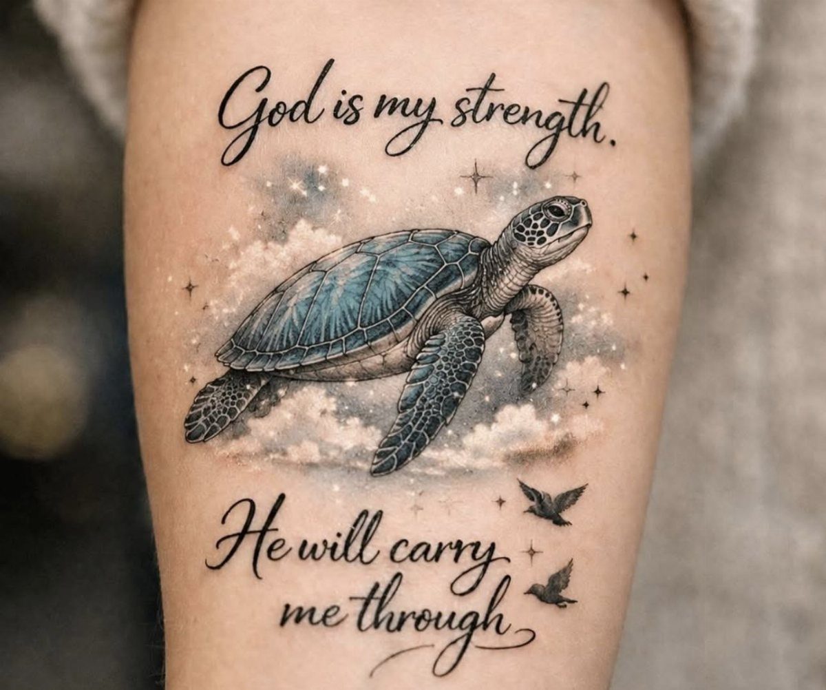 Sea turtle tattoo with clouds, stars, and religious text on a person's arm.