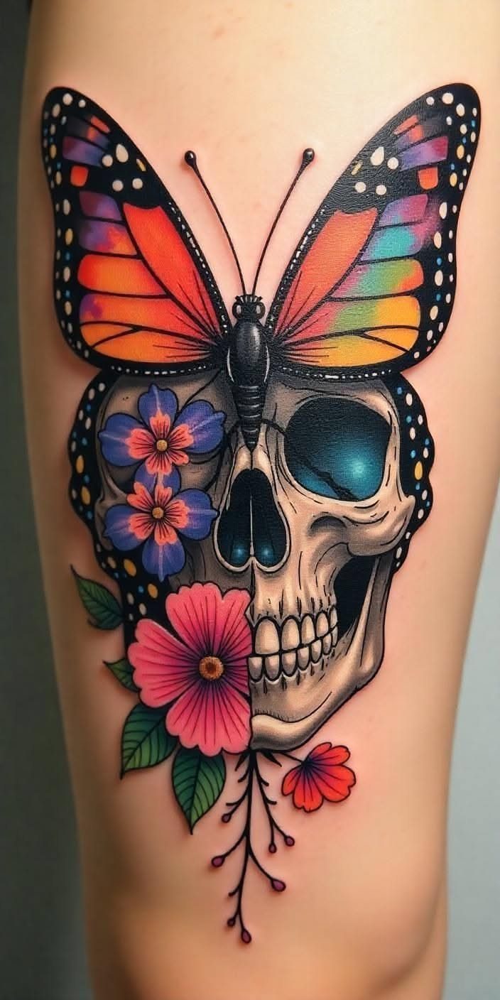 Colorful tattoo of a skull topped with a butterfly and accented by flowers