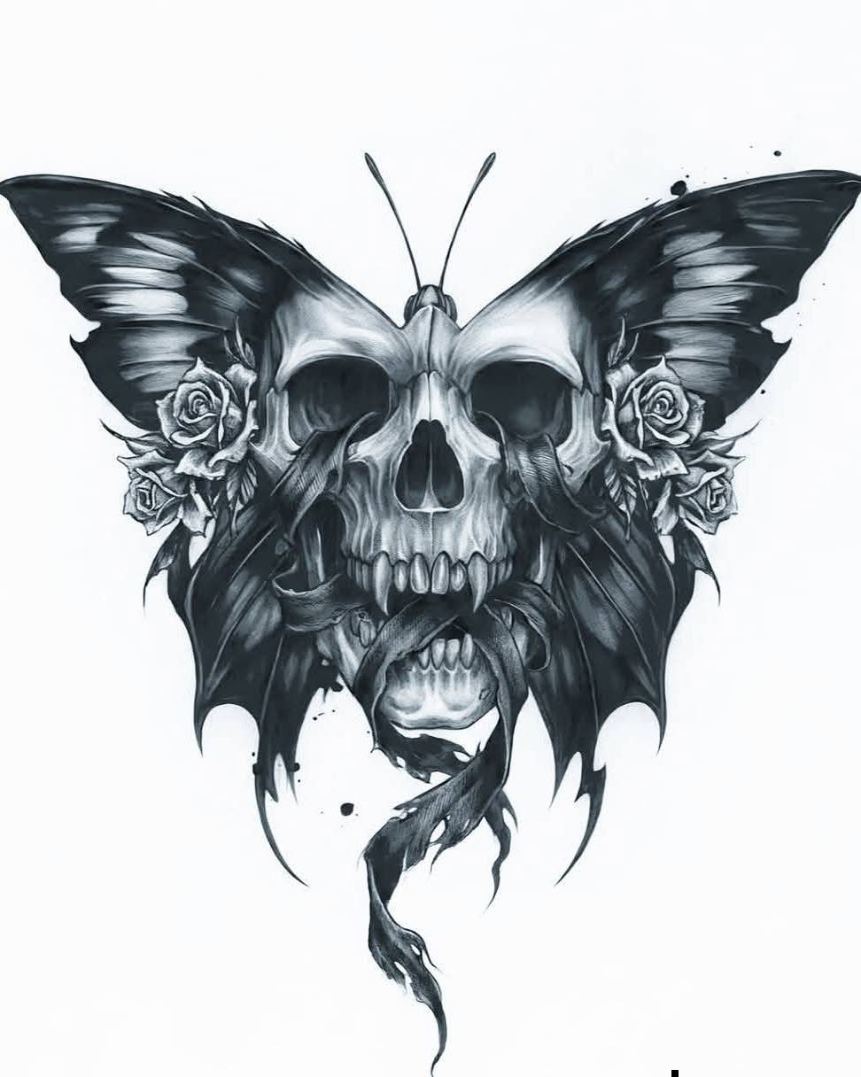 Skull merged with butterfly wings and roses in a black and grey tattoo design