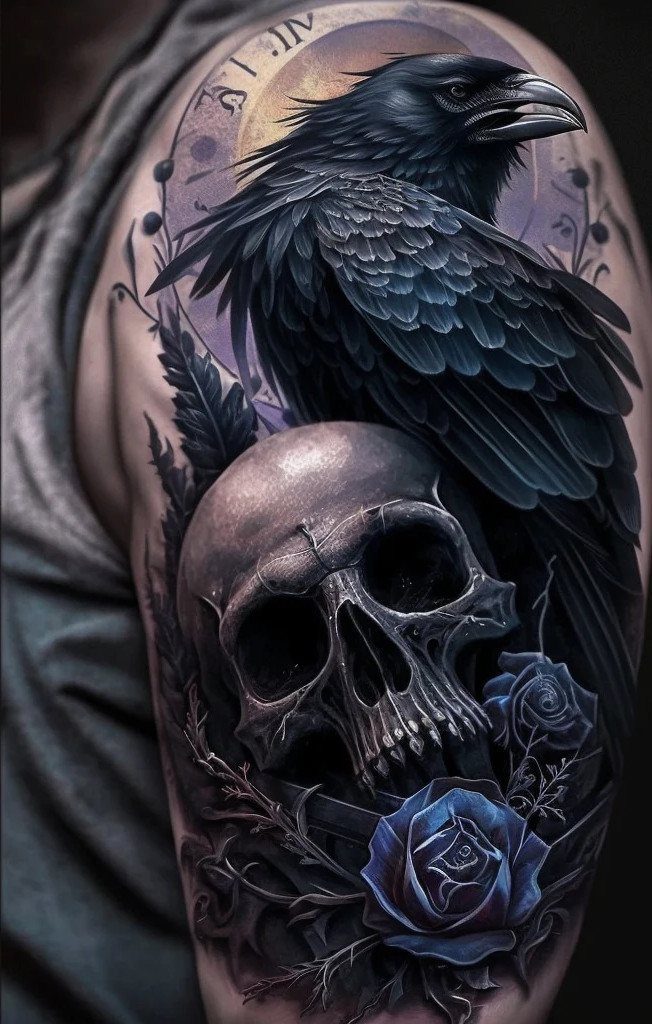 Tattoo of a black crow perched on a skull with blue roses below.