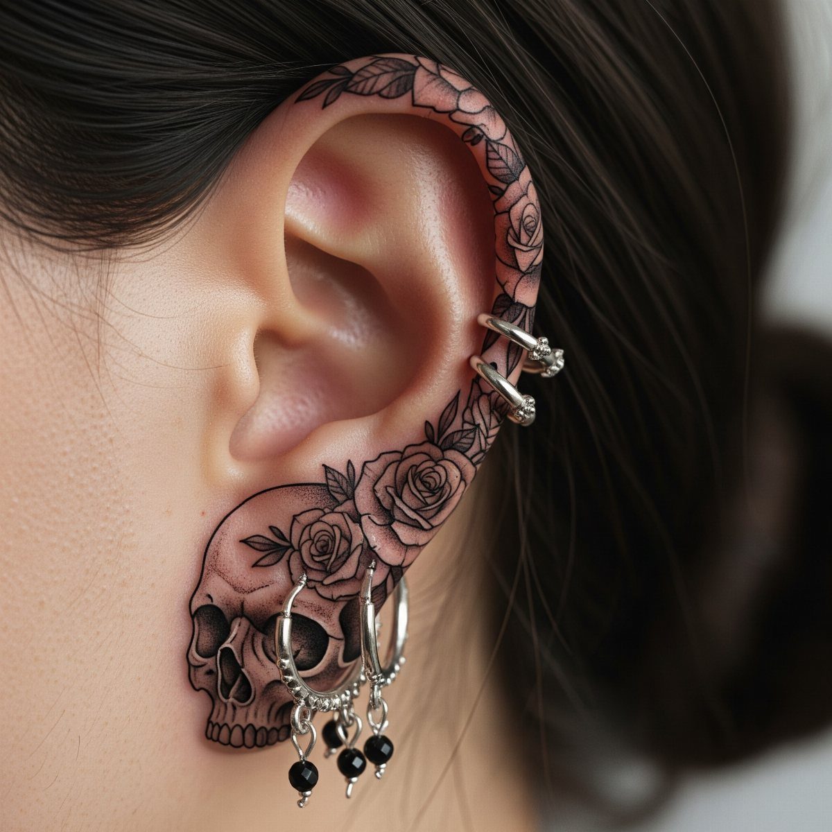 Skull entwined with roses tattoo on a person's neck and outer ear rim.