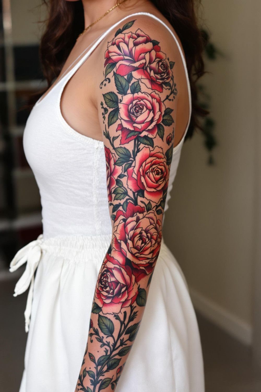 Full-arm sleeve tattoo of multiple red roses and green leaves on a woman