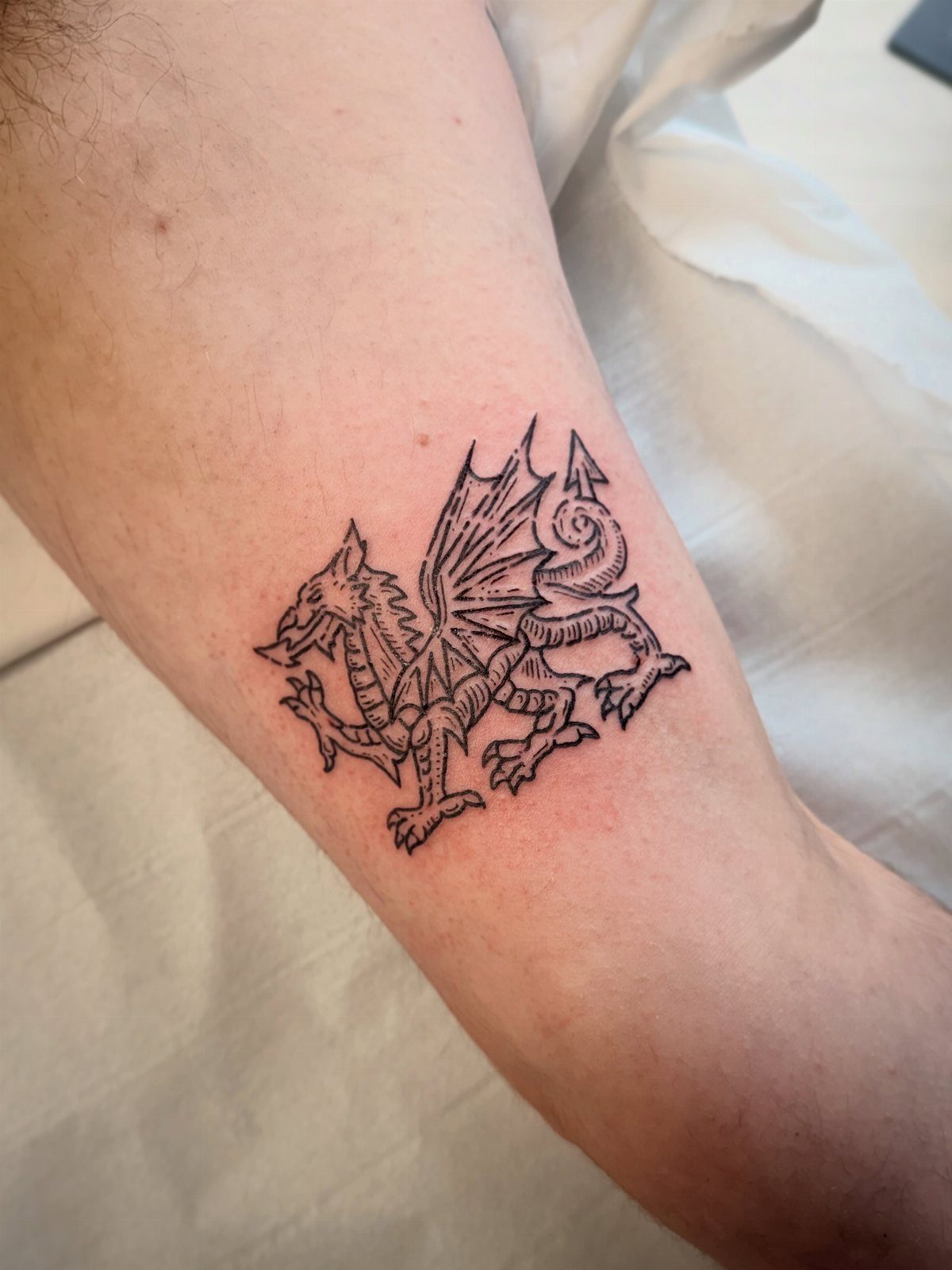 Small black ink Welsh dragon tattoo on a person's forearm skin