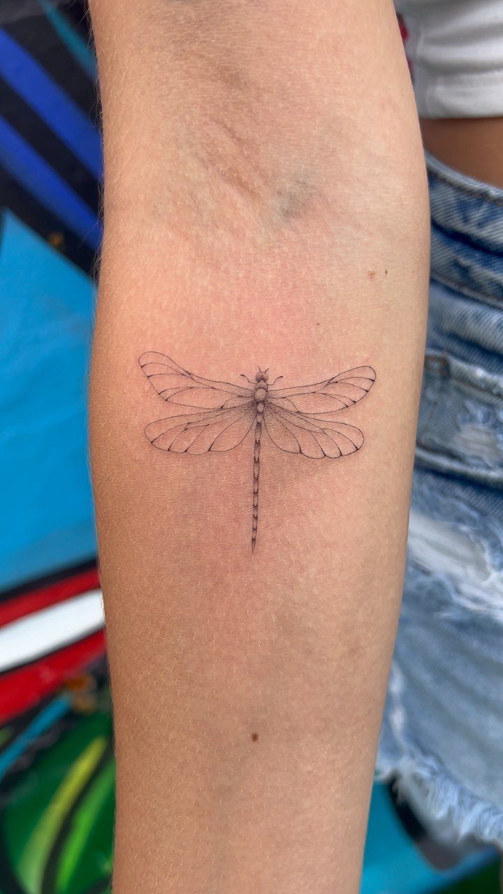 Small black ink dragonfly tattoo with fine lines on a person's forearm