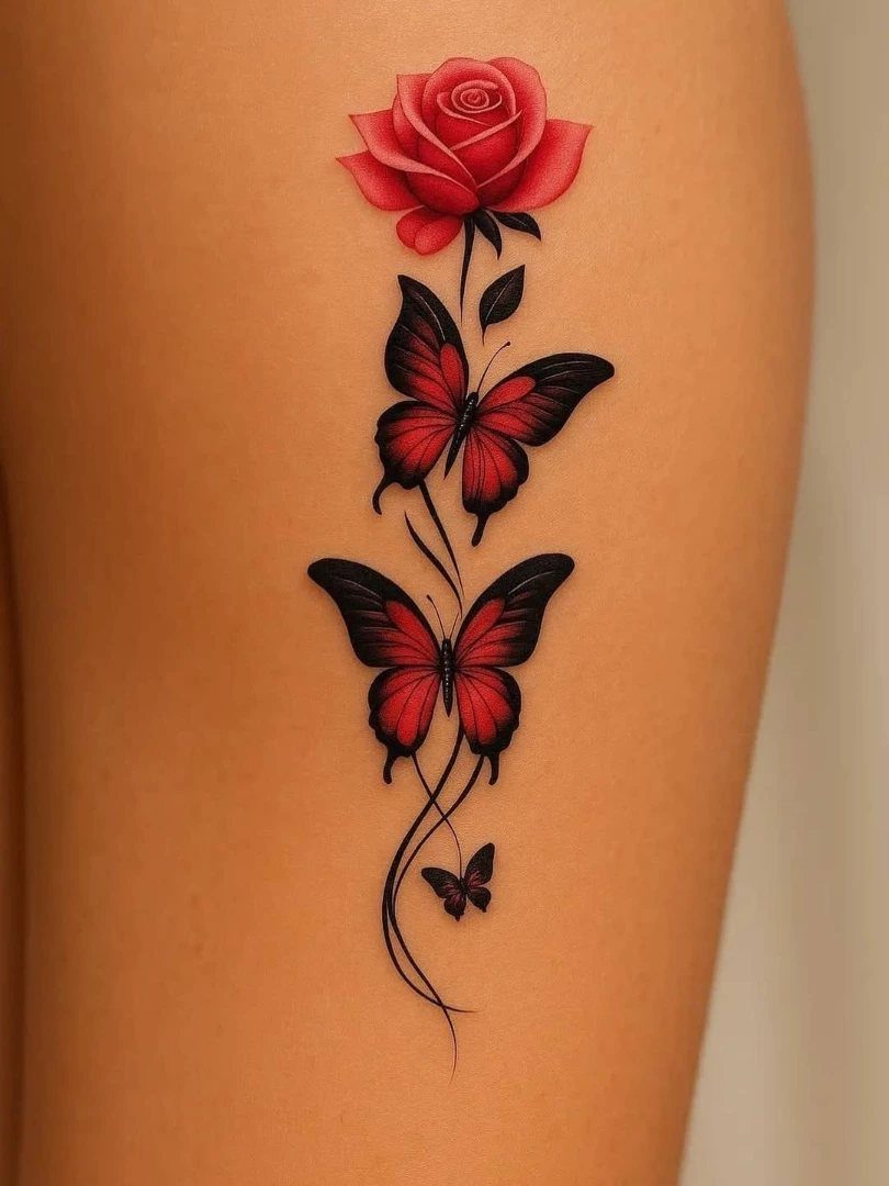 Red rose tattoo with three red and black butterflies on a stem.