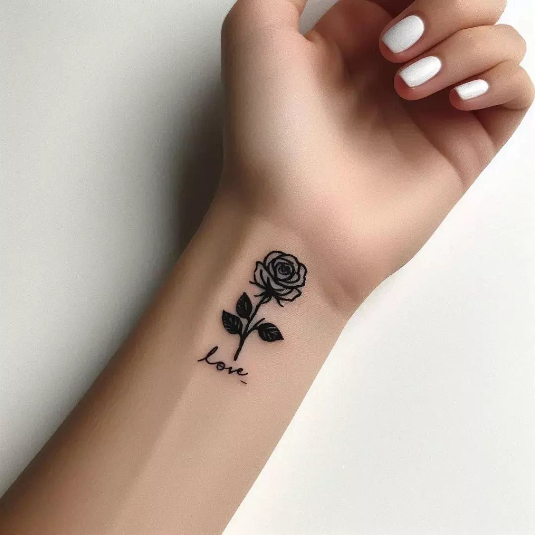 Single rose tattoo with stem and the word love on a wrist