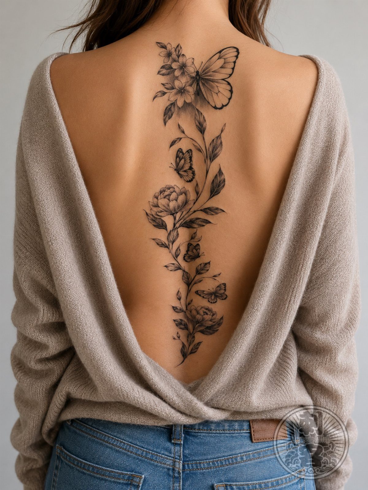 Woman's back with a vertical tattoo of butterflies and flowers along the spine