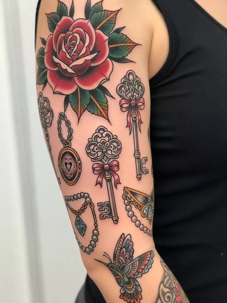 Traditional tattoos on an arm featuring a red rose and ornate keys.