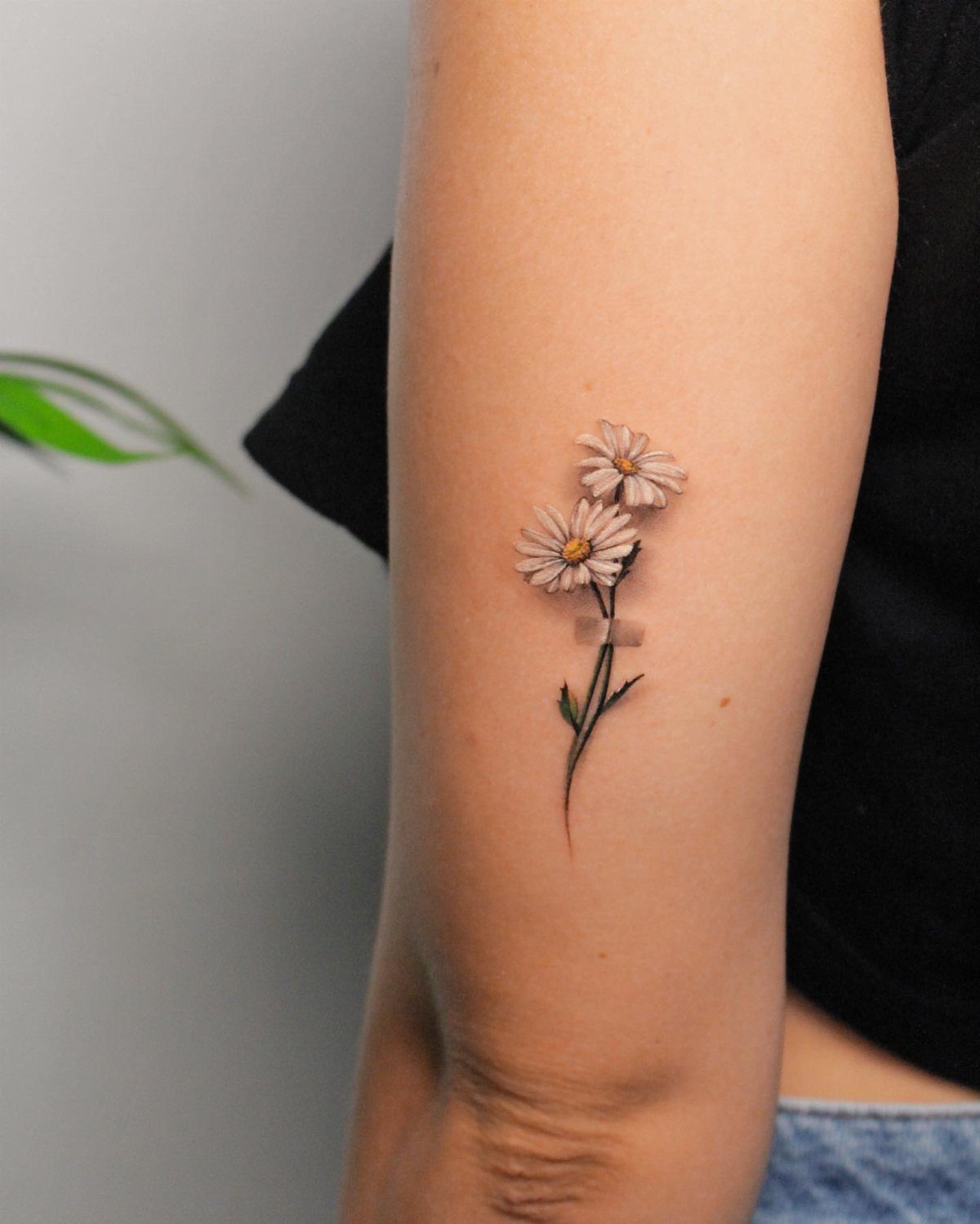 Two white daisy tattoos with yellow centers and a green stem on an arm.