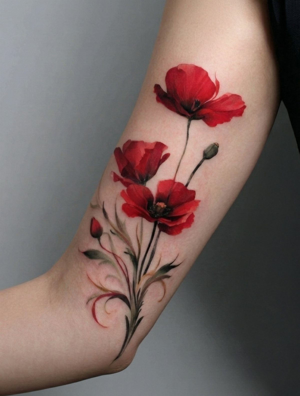 Red poppy flower tattoo with green stems on a person's forearm