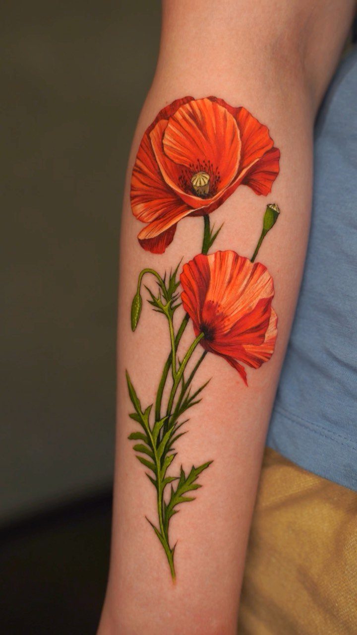 Two red poppy flower tattoos with green stems on a person's forearm.