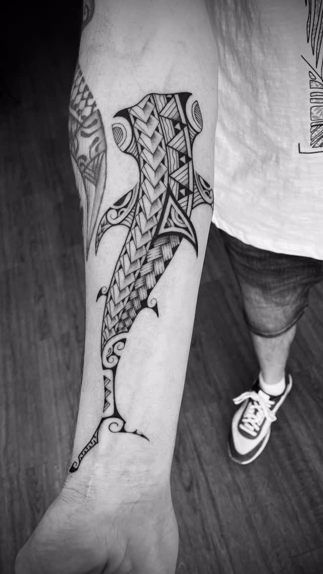 Polynesian style tiger shark tattoo with geometric patterns on a person's forearm.