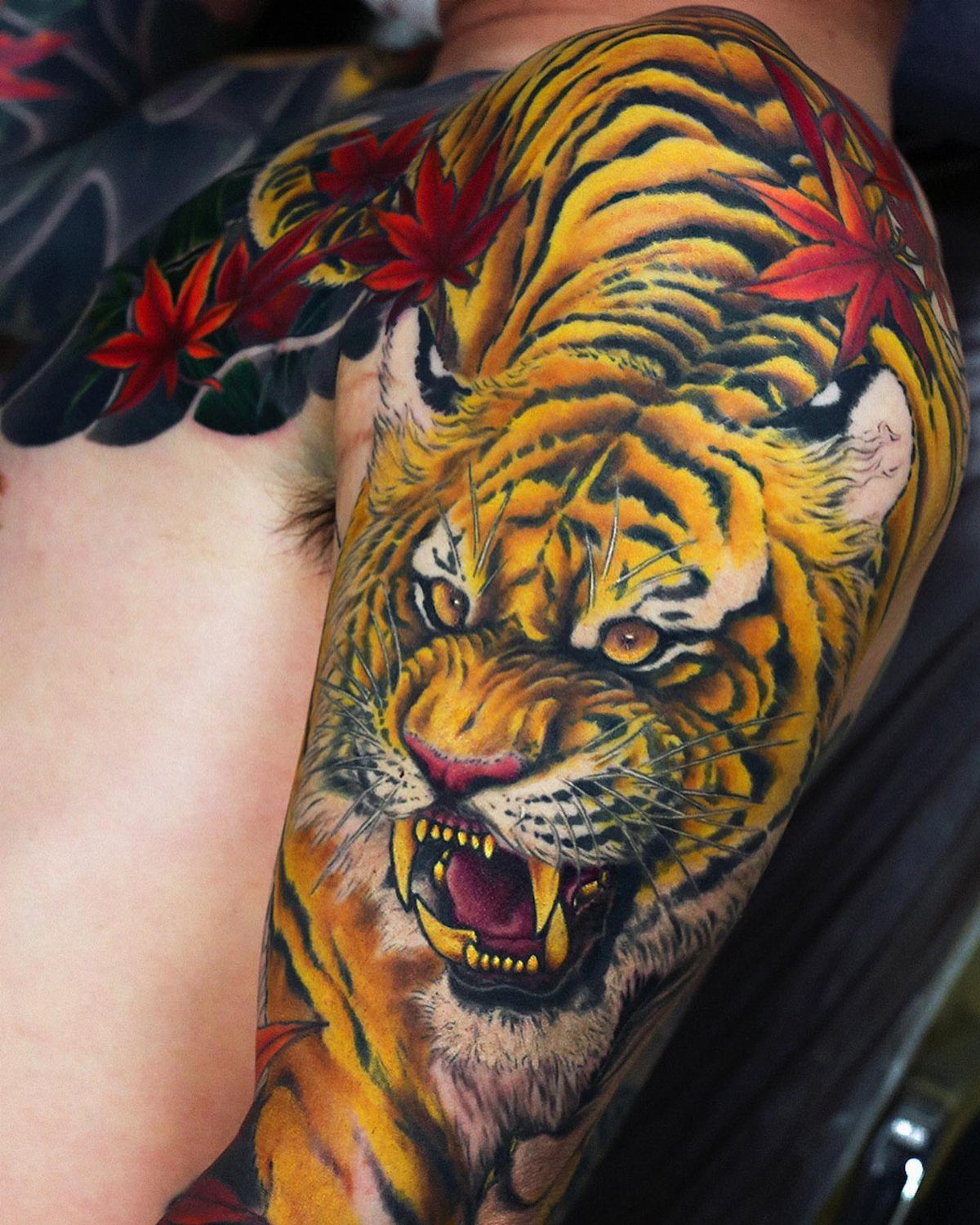 Roaring tiger tattoo on an upper arm with red maple leaves and clouds.