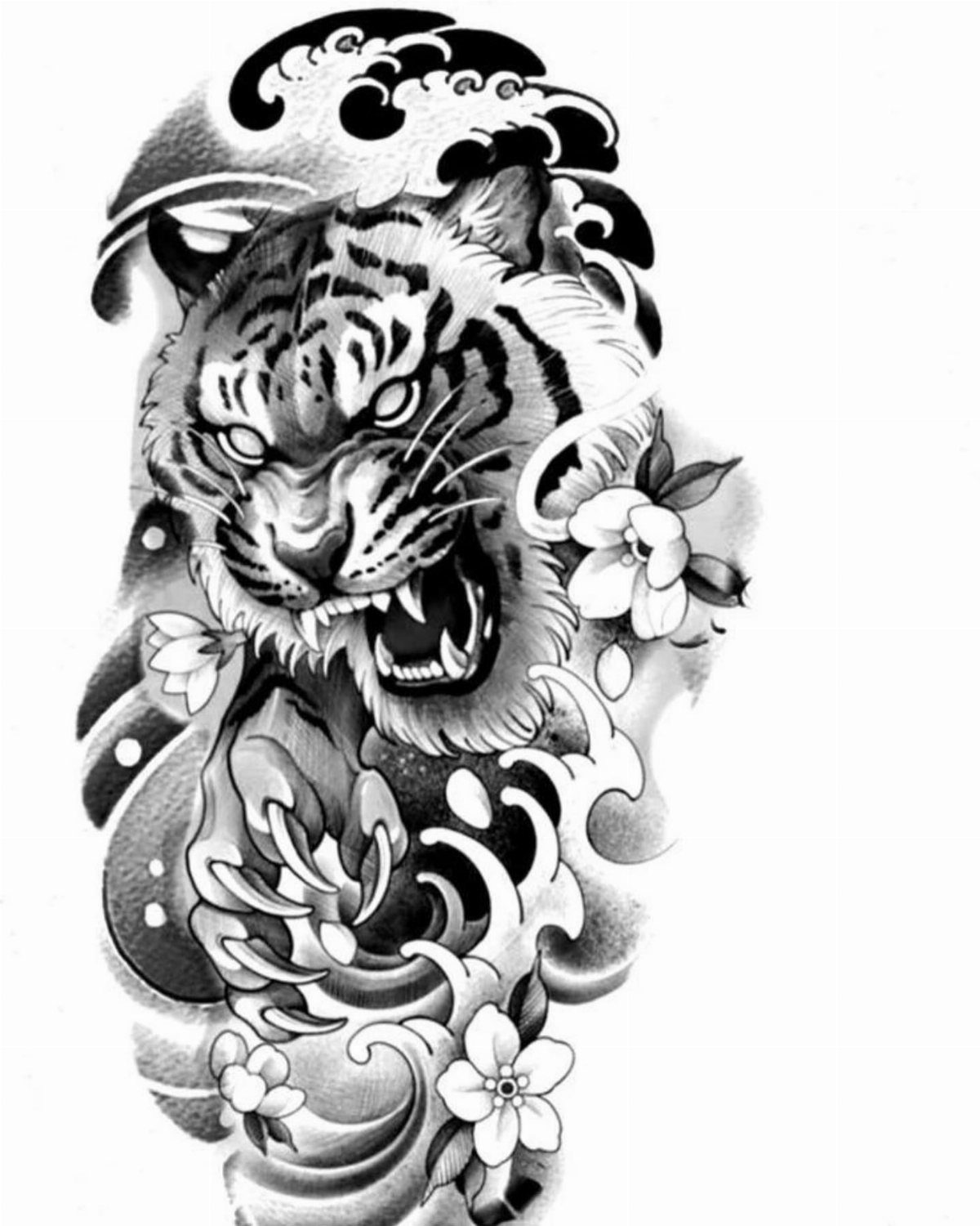 Roaring tiger head tattoo design with stylized waves and small flowers.