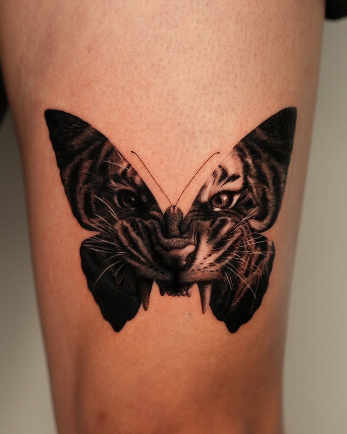 Tiger face tattoo shaped like a butterfly on a person's skin.