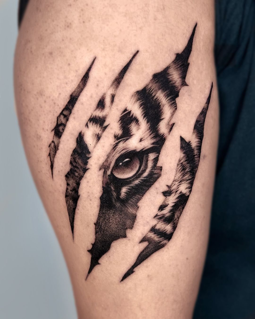 Tiger scratch tattoo on an arm revealing a tiger eye through claw marks