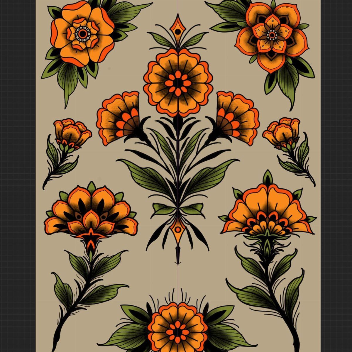 Traditional orange flower tattoo designs with green leaves on a beige background.