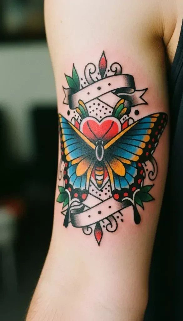Traditional butterfly tattoo with a red heart and white ribbons on a forearm