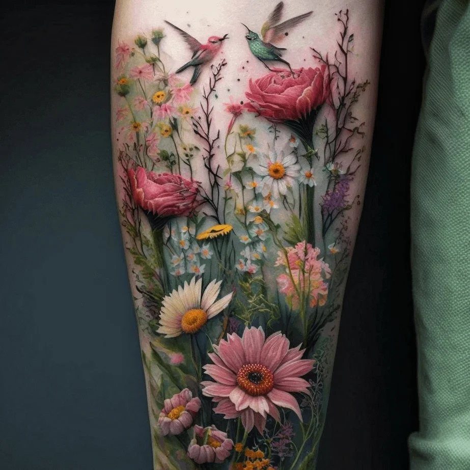 Colorful wildflower bouquet tattoo with hummingbirds on a person's leg