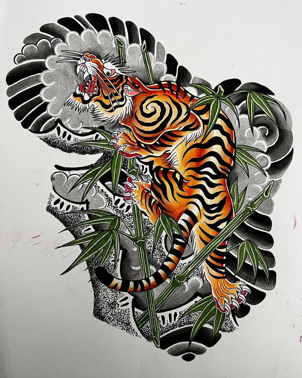 Orange striped tiger leaping through green bamboo stalks in traditional Japanese tattoo style.