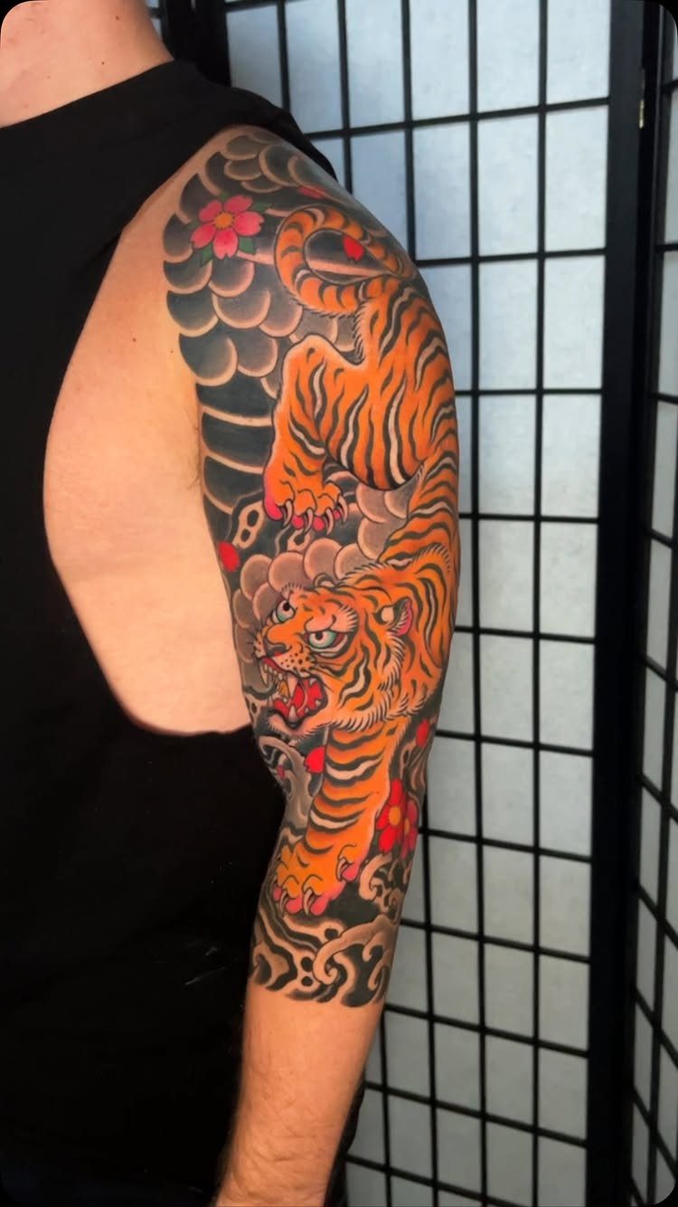 Japanese tiger tattoo on an arm with pink cherry blossoms and dark clouds.