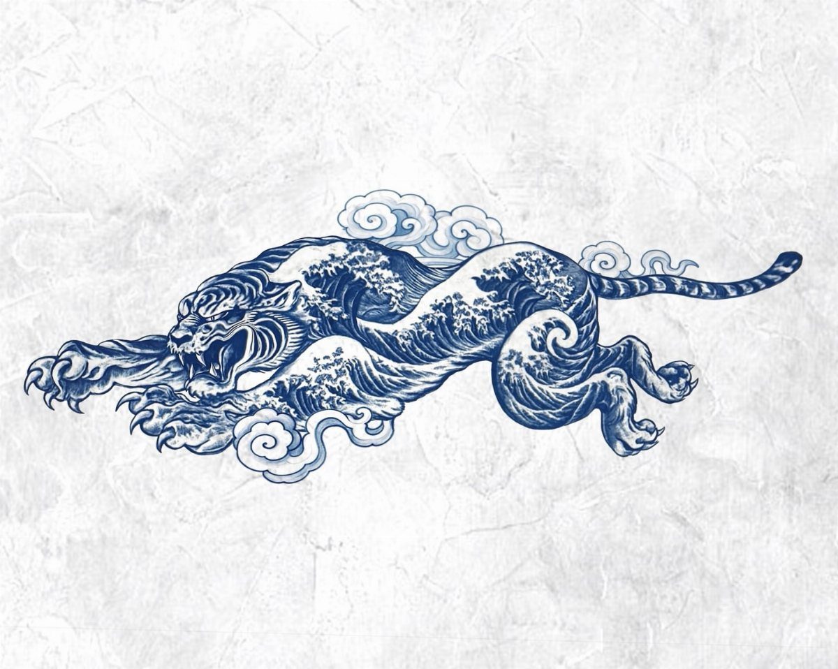 Blue ink drawing of a leaping tiger emerging from crashing ocean waves.