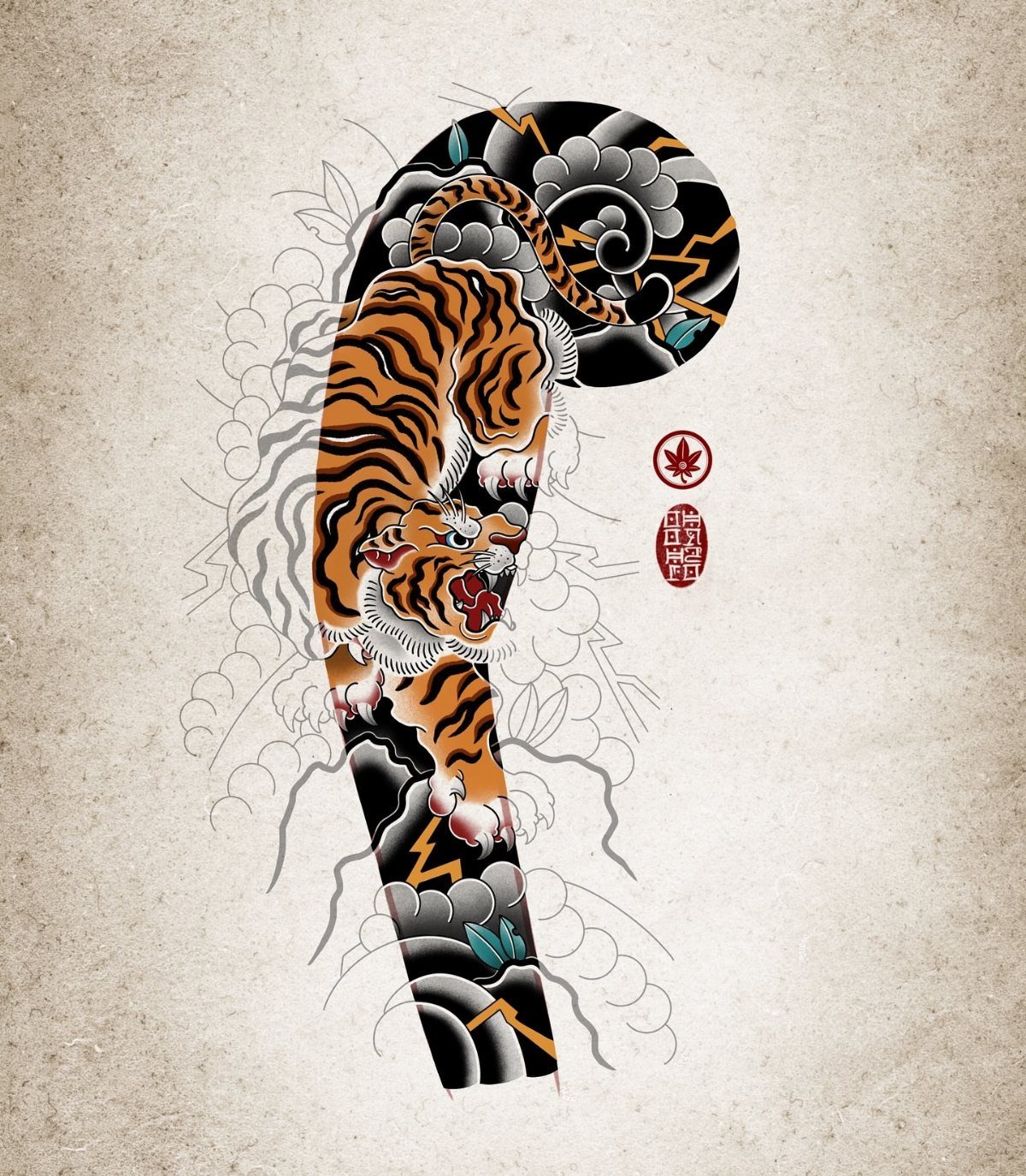Traditional Japanese tiger tattoo design with clouds and lightning on textured paper