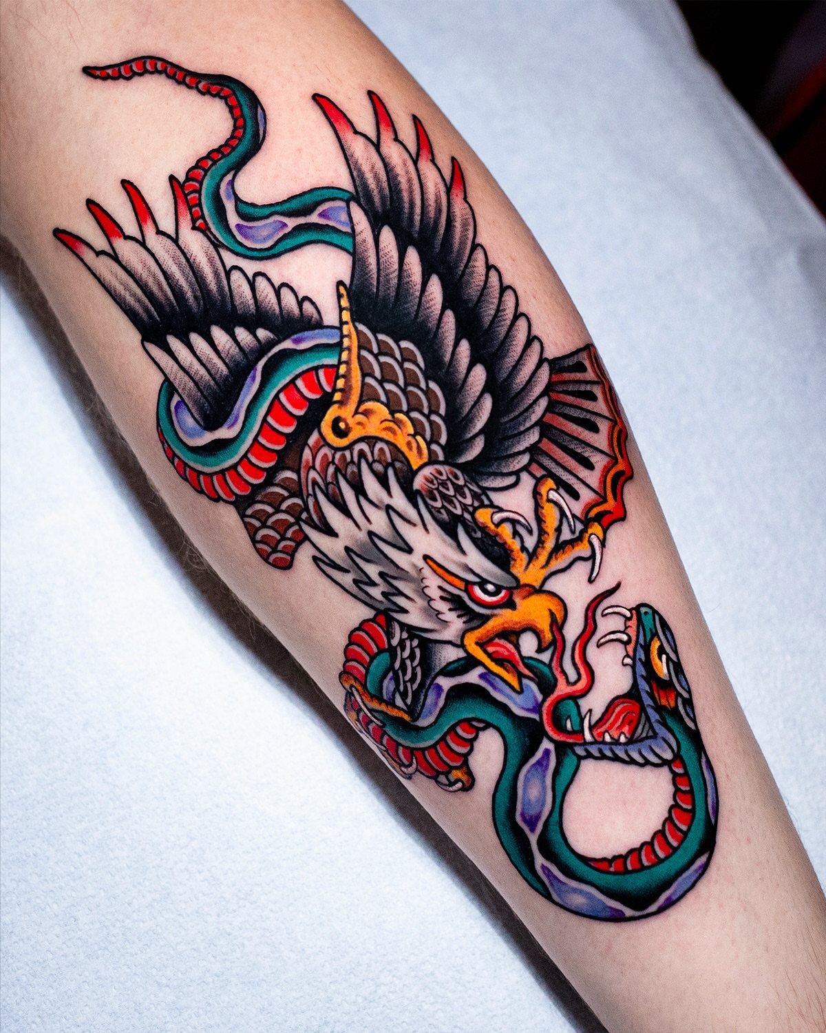Traditional tattoo of a bald eagle fighting a snake on a person's arm.