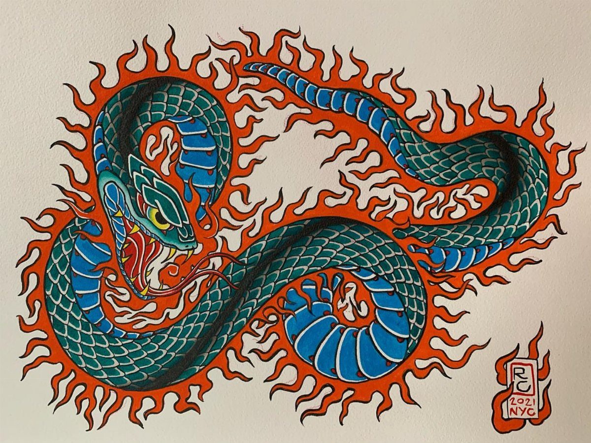 Blue and green snake entwined with orange flames in traditional tattoo style.