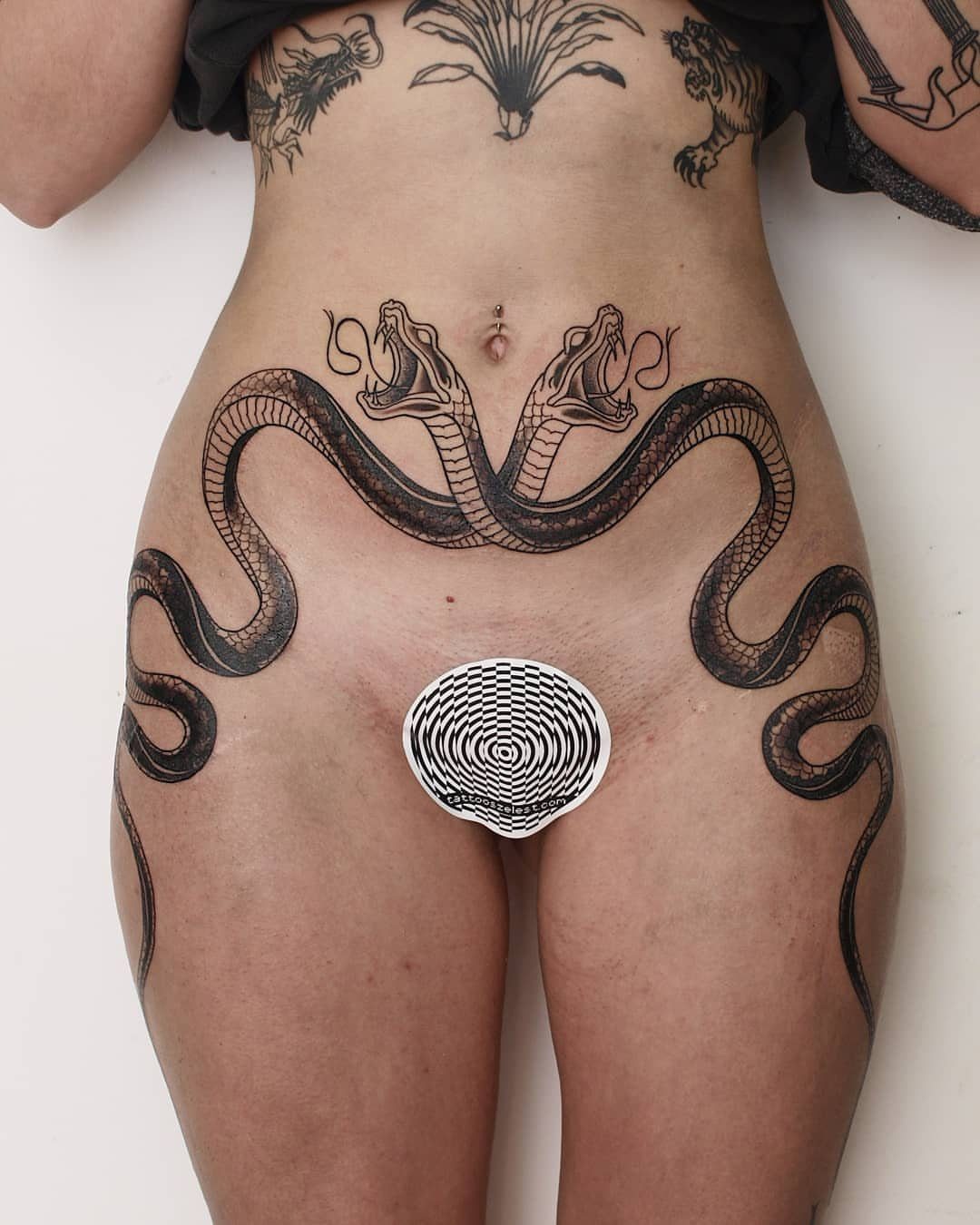 Two intertwined snakes tattooed across the lower torso and hips of a person.