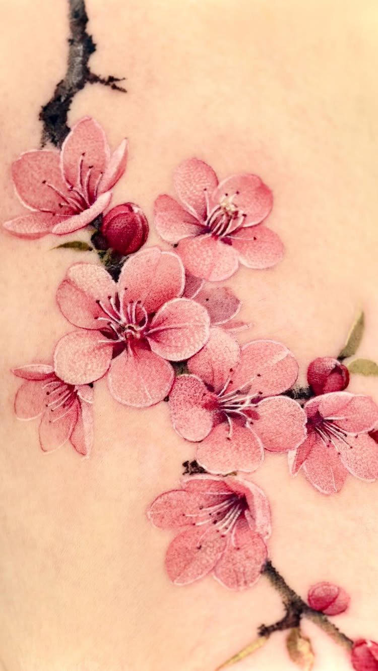 Pink cherry blossom tattoo with red buds on a dark branch on skin