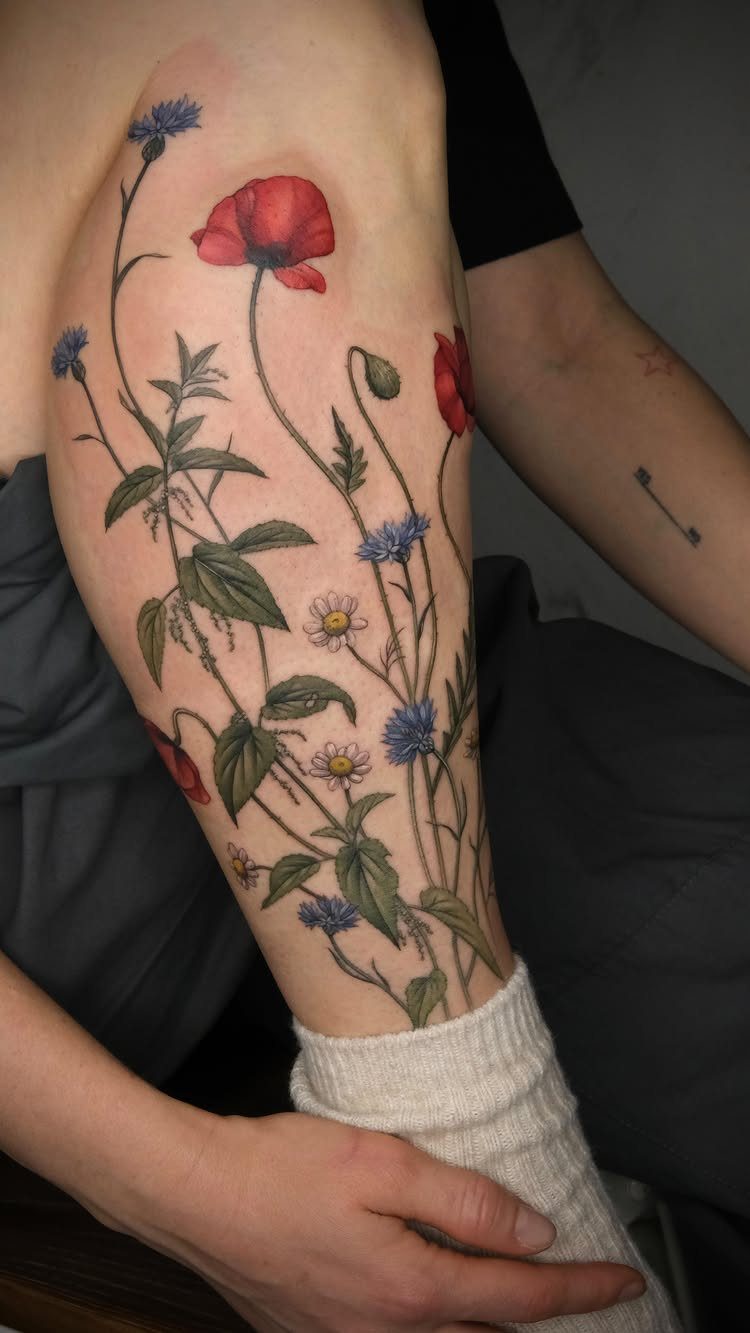 Red poppy, blue cornflower, and daisy tattoos on a person's upper arm.
