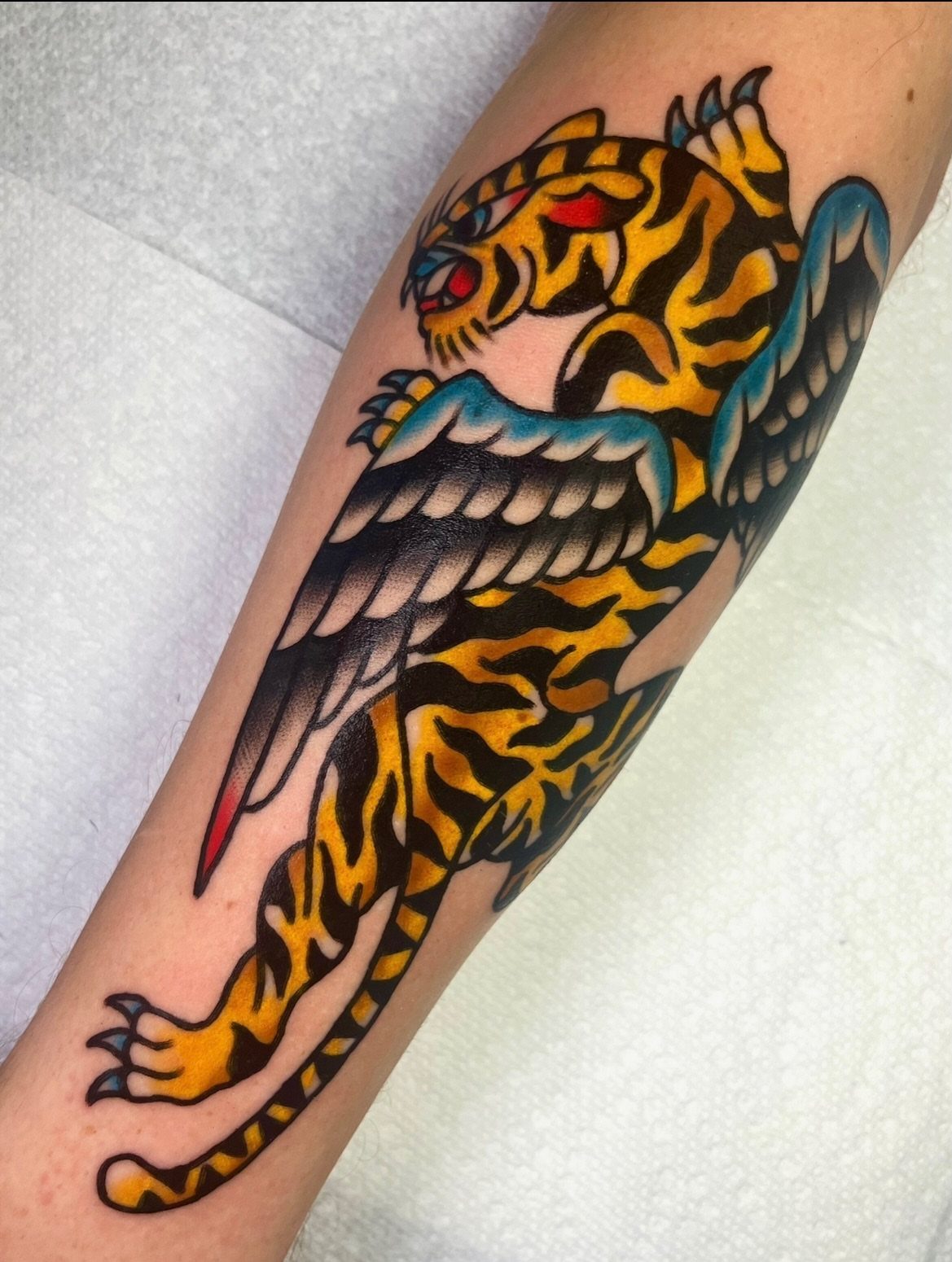 Winged tiger tattoo in American traditional style on a person's forearm.