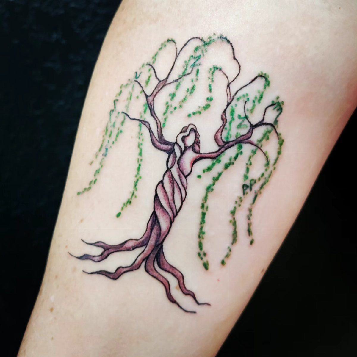 Willow tree tattoo with a feminine figure as the trunk and green leaves.