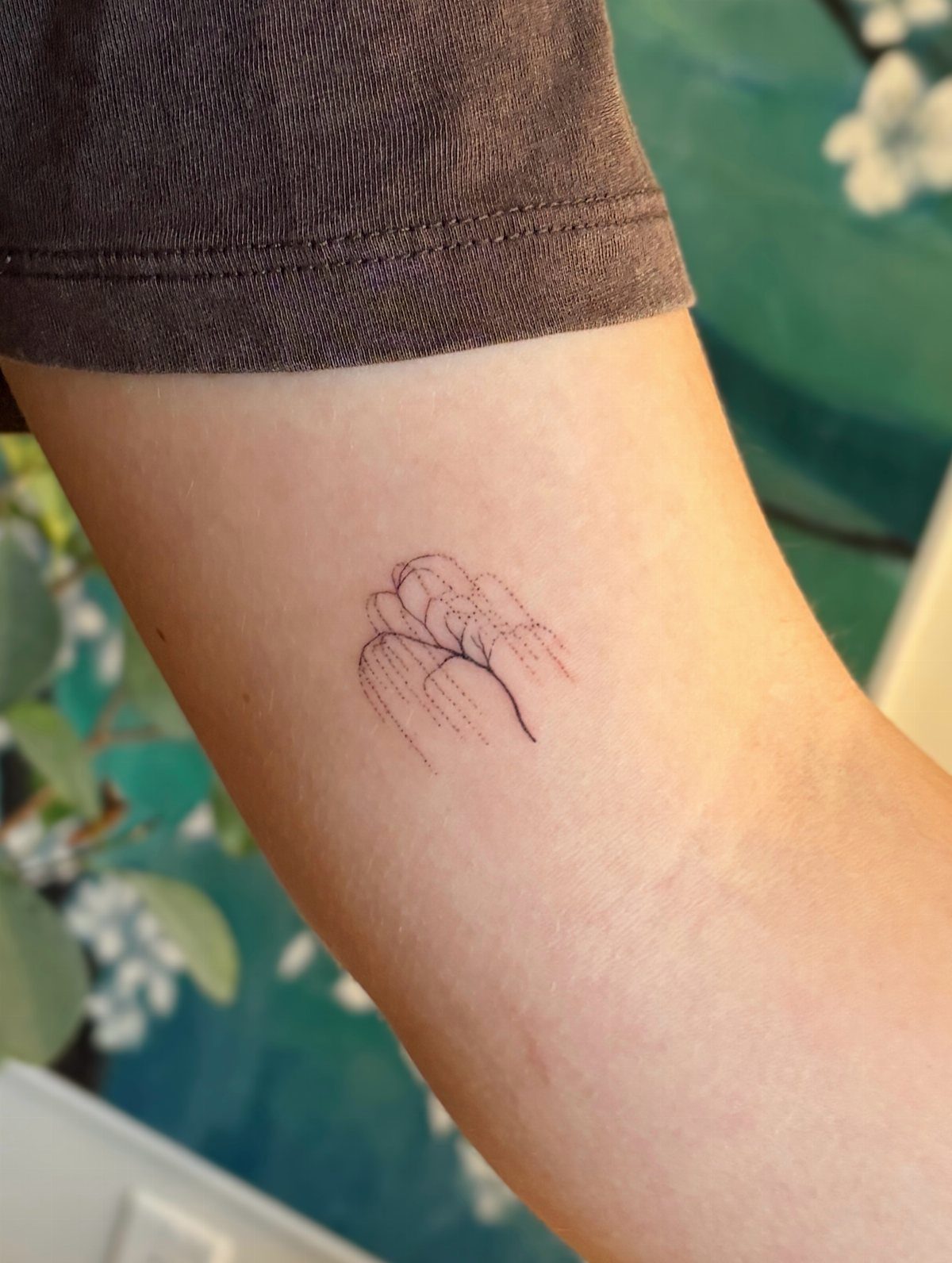 Minimalist weeping willow tree tattoo with fine lines on a person's forearm.